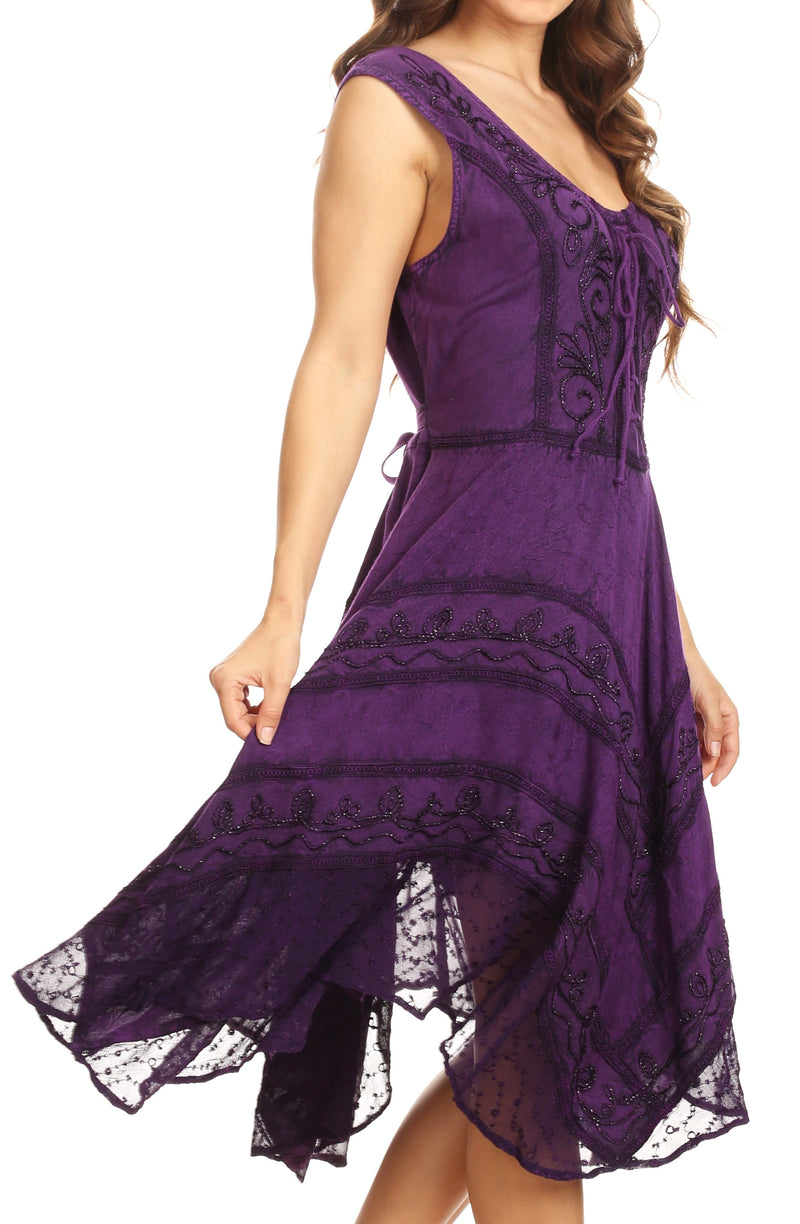 Sakkas Sundara Stonewashed Rayon Embroidered Mid Length Dress