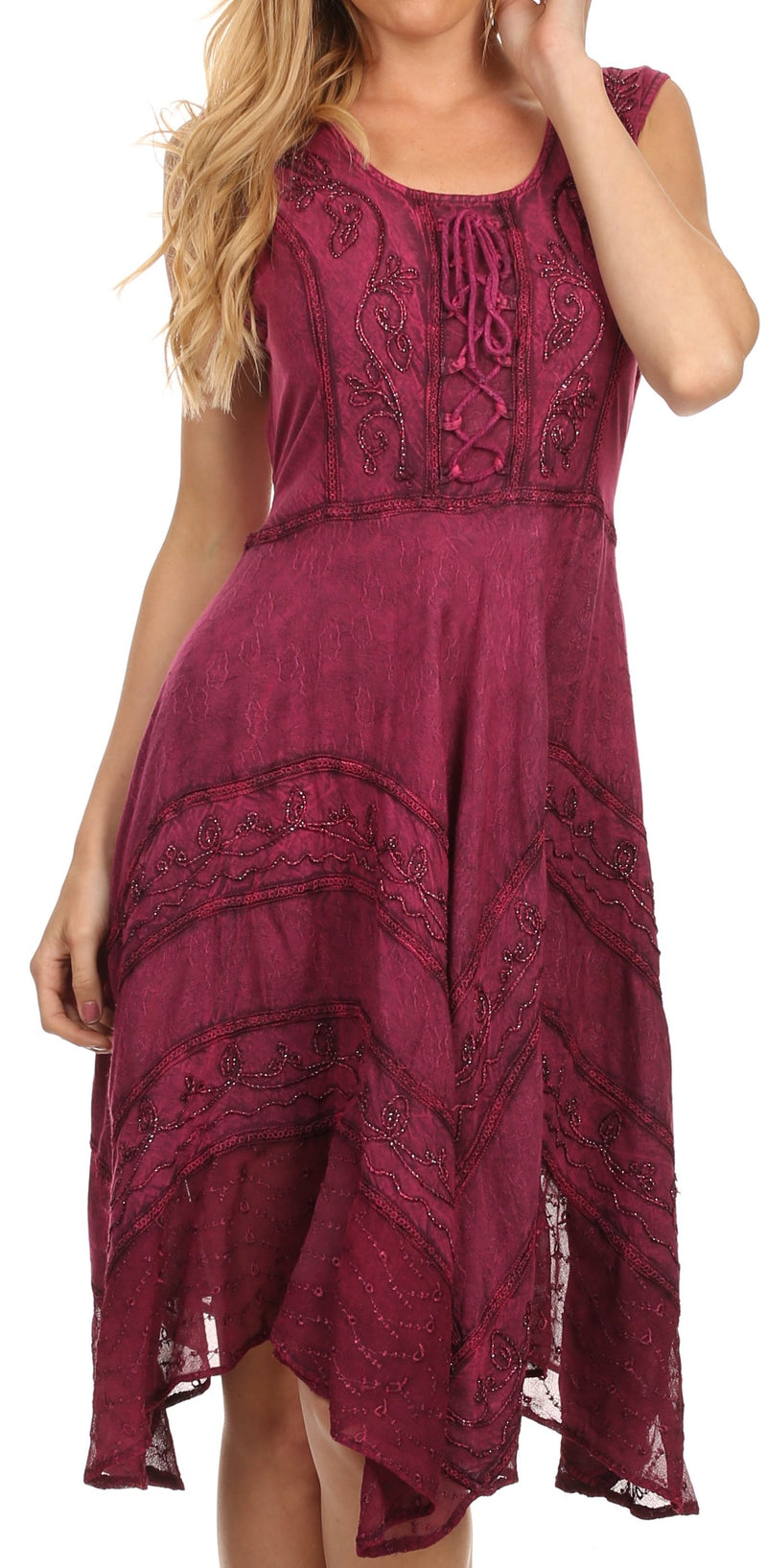 Sakkas Sundara Stonewashed Rayon Embroidered Mid Length Dress