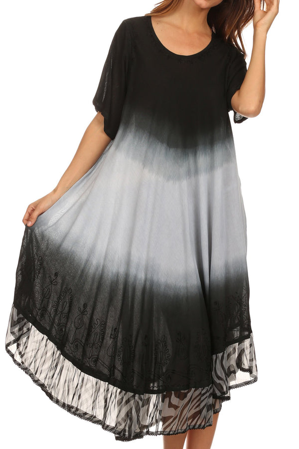 Sakkas Kya Zebra Print Embroidered Cap Sleeve Scoop Neck Ombre Dress / Cover Up#color_Black