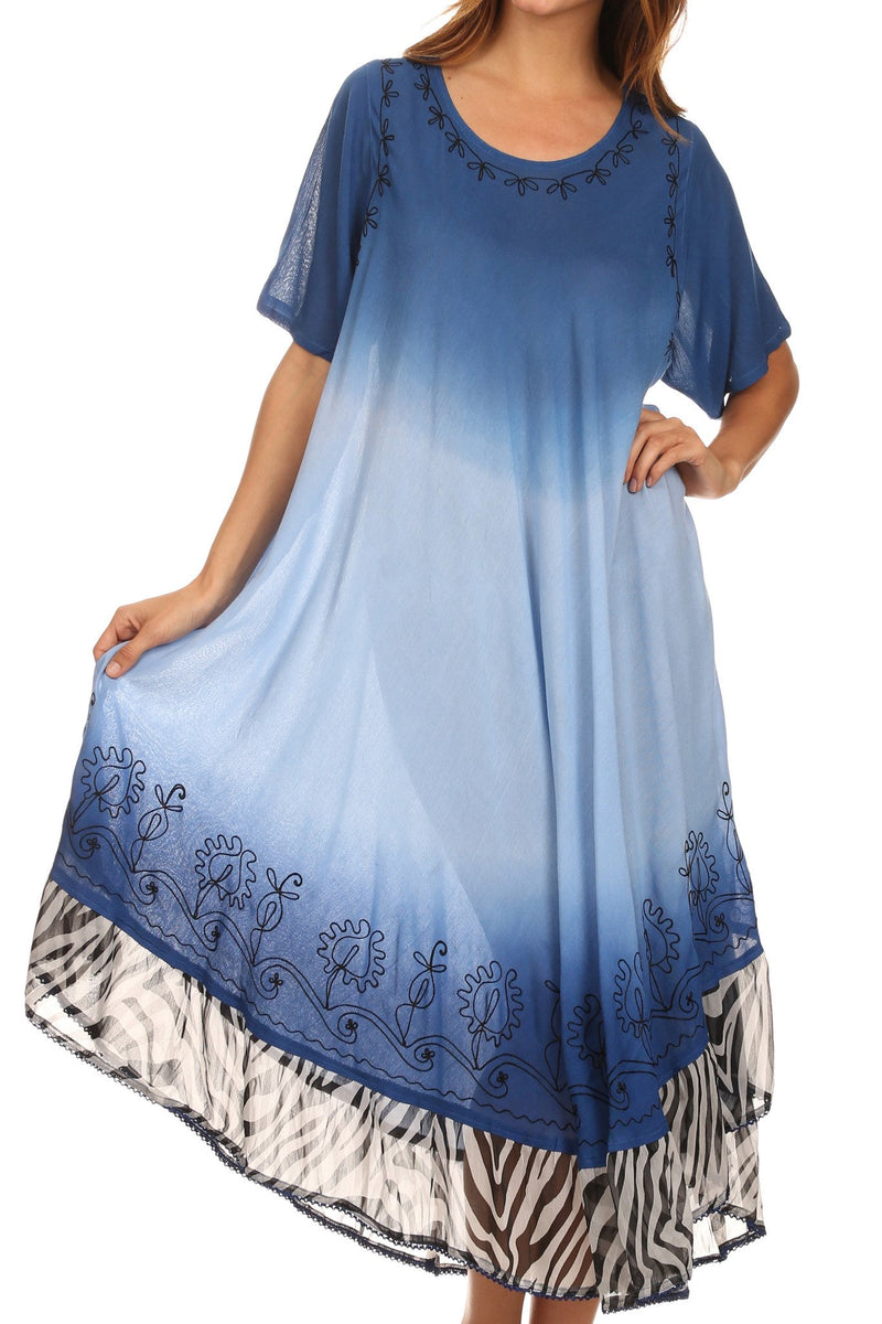 Sakkas Kya Zebra Print Embroidered Cap Sleeve Scoop Neck Ombre Dress / Cover Up