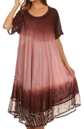 Sakkas Kya Zebra Print Embroidered Cap Sleeve Scoop Neck Ombre Dress / Cover Up#color_Brown