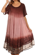 Sakkas Kya Zebra Print Embroidered Cap Sleeve Scoop Neck Ombre Dress / Cover Up#color_ Brown