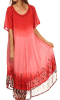 Sakkas Kya Zebra Print Embroidered Cap Sleeve Scoop Neck Ombre Dress / Cover Up#color_Red
