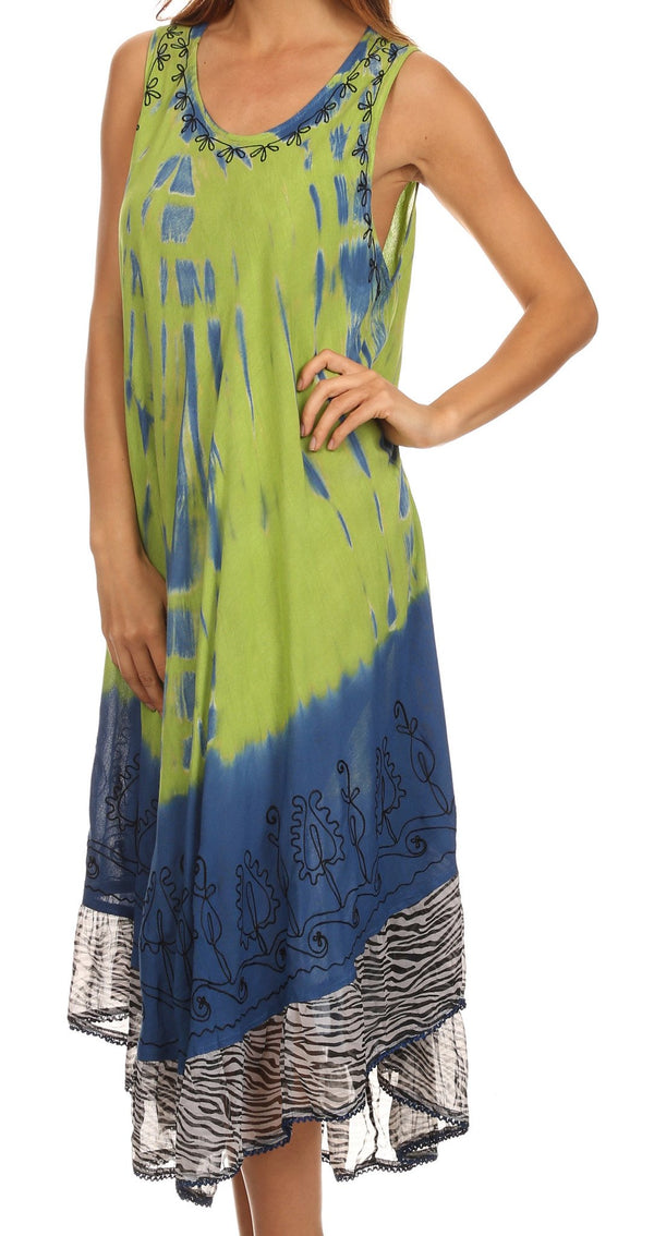 Sakkas Macey Embroidered Tie Dye Sleeveless Zebra Print Dress / Cover Up#color_Green