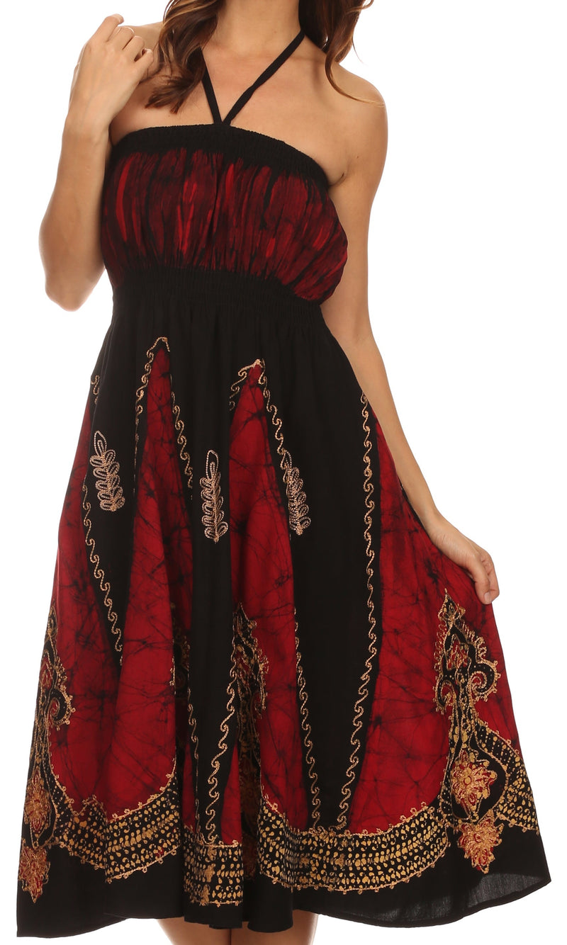 Sakkas Jaya Sleeveless Adjustable Tea Length Tube Top Embroidered Tie Dye Dress