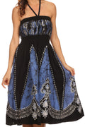 Sakkas Jaya Sleeveless Adjustable Tea Length Tube Top Embroidered Tie Dye Dress#color_ Blue / White