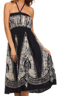 Sakkas Jaya Sleeveless Adjustable Tea Length Tube Top Embroidered Tie Dye Dress#color_ Navy / Cream