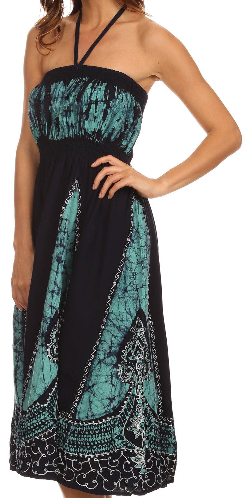 Sakkas Jaya Sleeveless Adjustable Tea Length Tube Top Embroidered Tie Dye Dress
