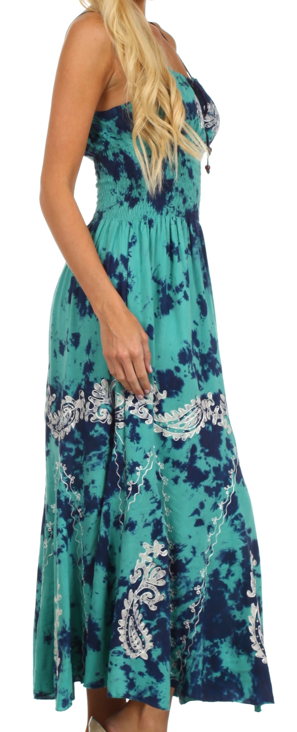Sakkas Markay Short Mid Length Spaghetti Strap Sleeveless Embroidered Batik Dress