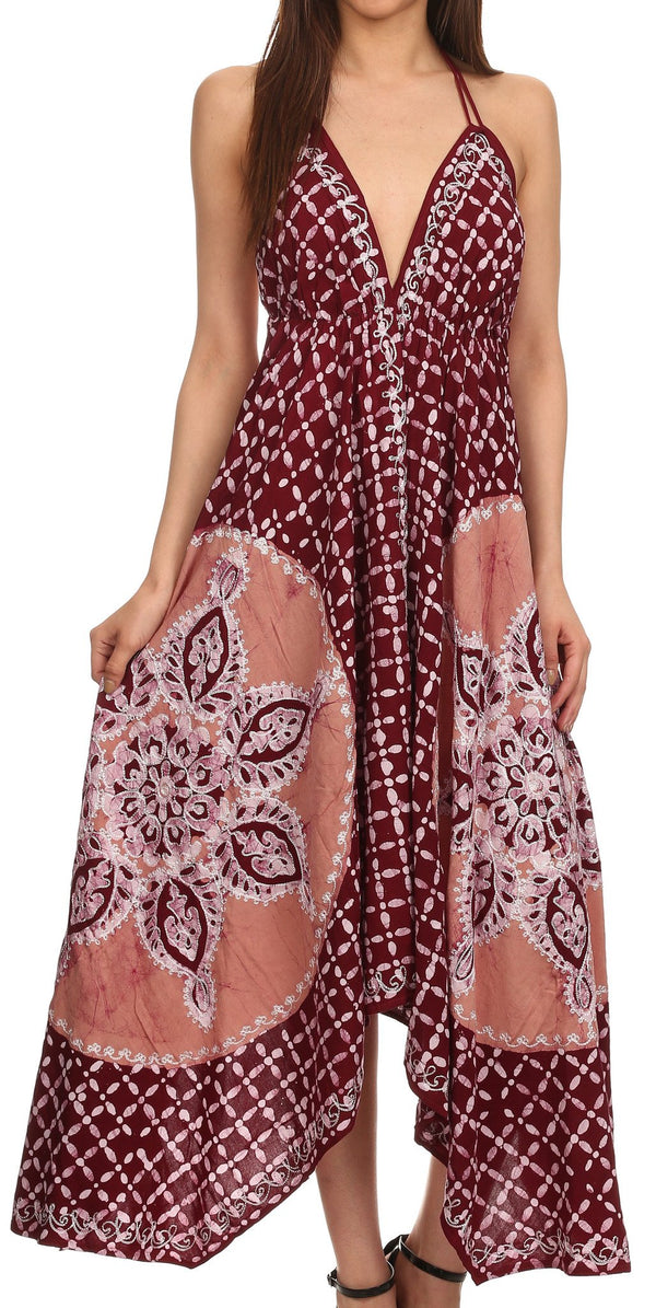 Sakkas Shana Batik Embroidered Handkerchief Hem Adjustable Halter Dress#color_Beige/Brown