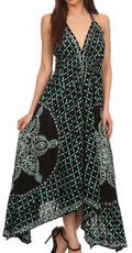Sakkas Shana Batik Embroidered Handkerchief Hem Adjustable Halter Dress#color_Black/Green