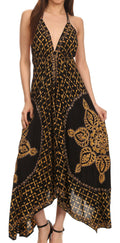 Sakkas Shana Batik Embroidered Handkerchief Hem Adjustable Halter Dress#color_Black/Khaki