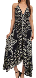 Sakkas Shana Batik Embroidered Handkerchief Hem Adjustable Halter Dress#color_Navy/Cream