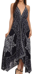Sakkas Shana Batik Embroidered Handkerchief Hem Adjustable Halter Dress#color_Navy/Grey