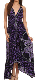 Sakkas Shana Batik Embroidered Handkerchief Hem Adjustable Halter Dress#color_Navy/Purple