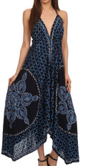 Sakkas Shana Batik Embroidered Handkerchief Hem Adjustable Halter Dress#color_Navy/Sky