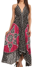 Sakkas Shana Batik Embroidered Handkerchief Hem Adjustable Halter Dress#color_Pink/Black