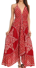 Sakkas Shana Batik Embroidered Handkerchief Hem Adjustable Halter Dress#color_Red/Cream