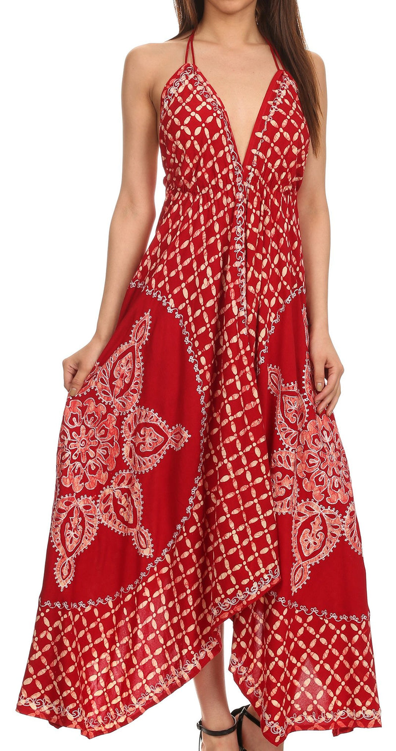 Sakkas Shana Batik Embroidered Handkerchief Hem Adjustable Halter Dress