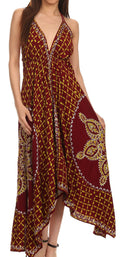 Sakkas Shana Batik Embroidered Handkerchief Hem Adjustable Halter Dress#color_Wine/Mehndi