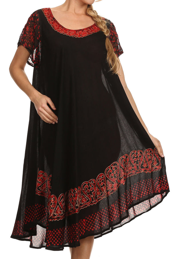 Sakkas Tahlia Batik Sheer Cap Sleeve mid-length Caftan Dress/Cover Up#color_Black/Red