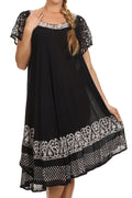 Sakkas Tahlia Batik Sheer Cap Sleeve mid-length Caftan Dress/Cover Up#color_Black/White