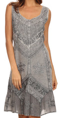 Sakkas Sudha Stonewash Embroidery Mid Length Adjustable dress#color_Grey