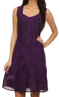 Sakkas Sudha Stonewash Embroidery Mid Length Adjustable dress#color_Purple
