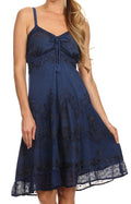 Sakkas Lacey Stonewashed Embroidered Silver Threaded Spaghetti Strap Dress#color_Navy