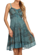 Sakkas Lacey Stonewashed Embroidered Silver Threaded Spaghetti Strap Dress#color_Turquoise