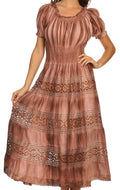 Sakkas Laney Tie Dye Lace Smocked Empire Waist Long Picot Hem Dress#color_Brown