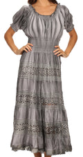 Sakkas Laney Tie Dye Lace Smocked Empire Waist Long Picot Hem Dress#color_Grey