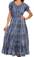 Sakkas Laney Tie Dye Lace Smocked Empire Waist Long Picot Hem Dress#color_Indigo