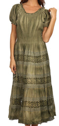 Sakkas Laney Tie Dye Lace Smocked Empire Waist Long Picot Hem Dress#color_Olive