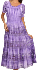 Sakkas Laney Tie Dye Lace Smocked Empire Waist Long Picot Hem Dress#color_Purple