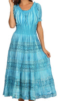 Sakkas Laney Tie Dye Lace Smocked Empire Waist Long Picot Hem Dress#color_Turquoise