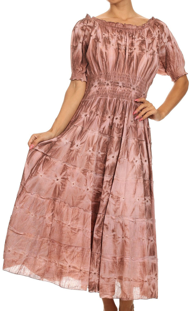 Sakkas Melissa Two Tone Dyed Tiered Smocked Waist Long Dress With Short Sleeves
