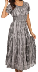 Sakkas Melissa Two Tone Dyed Tiered Smocked Waist Long Dress With Short Sleeves