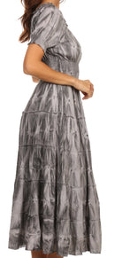 Sakkas Melissa Two Tone Dyed Tiered Smocked Waist Long Dress With Short Sleeves