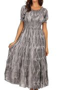 Sakkas Melissa Two Tone Dyed Tiered Smocked Waist Long Dress With Short Sleeves#color_Grey