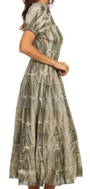 Sakkas Melissa Two Tone Dyed Tiered Smocked Waist Long Dress With Short Sleeves