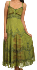 Sakkas Iris Plaid Stonewashed Rayon Embroidered Adjustable Spaghetti Straps Dress#color_Green
