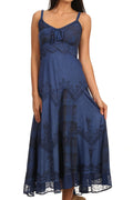 Sakkas Iris Plaid Stonewashed Rayon Embroidered Adjustable Spaghetti Straps Dress#color_Navy