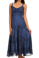 Sakkas Iris Plaid Stonewashed Rayon Embroidered Adjustable Spaghetti Straps Dress