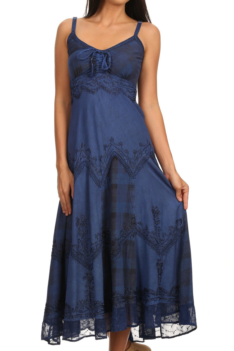Sakkas Iris Plaid Stonewashed Rayon Embroidered Adjustable Spaghetti Straps Dress