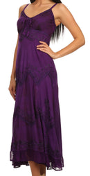 Sakkas Iris Plaid Stonewashed Rayon Embroidered Adjustable Spaghetti Straps Dress