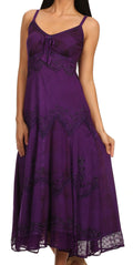Sakkas Iris Plaid Stonewashed Rayon Embroidered Adjustable Spaghetti Straps Dress#color_Purple