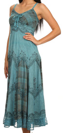 Sakkas Iris Plaid Stonewashed Rayon Embroidered Adjustable Spaghetti Straps Dress