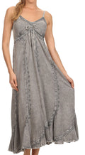 Sakkas Allie Stonewashed Embroidered Adjustable Spaghetti Straps Long Dress#color_Grey