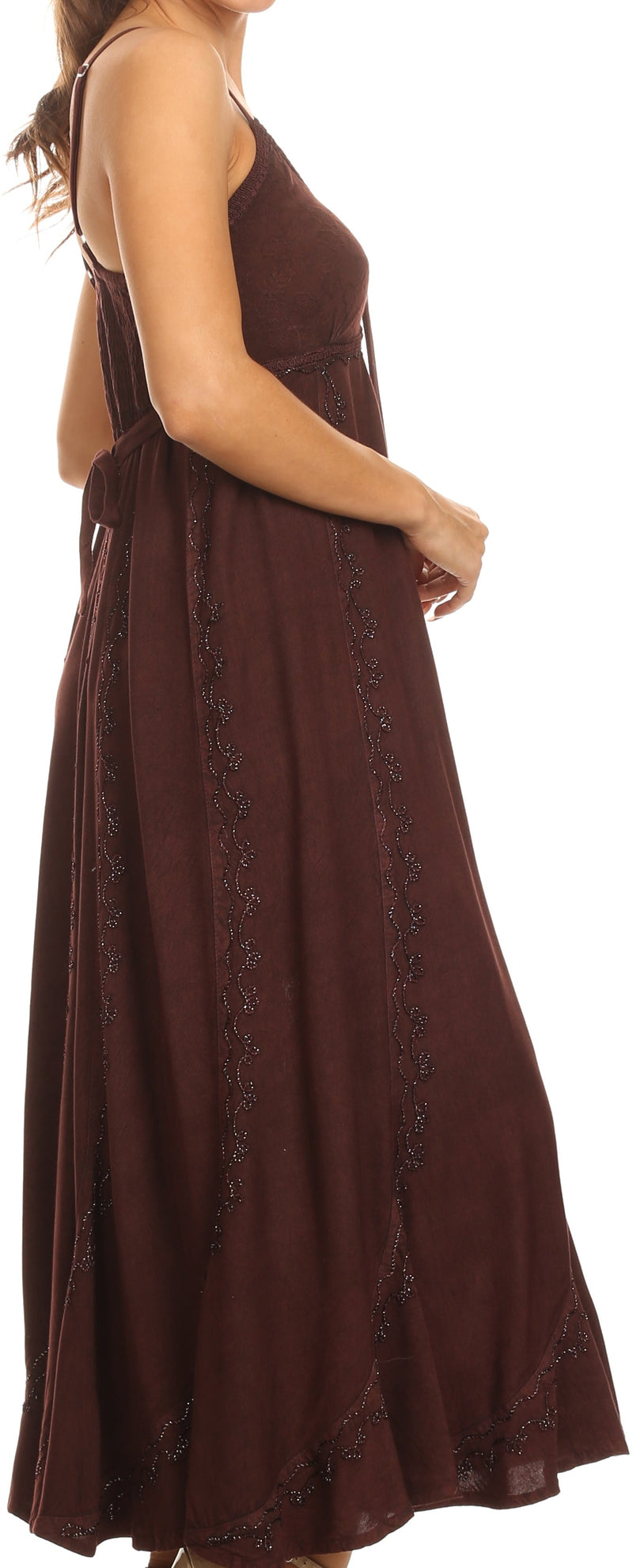 Sakkas Allie Stonewashed Embroidered Adjustable Spaghetti Straps Long Dress